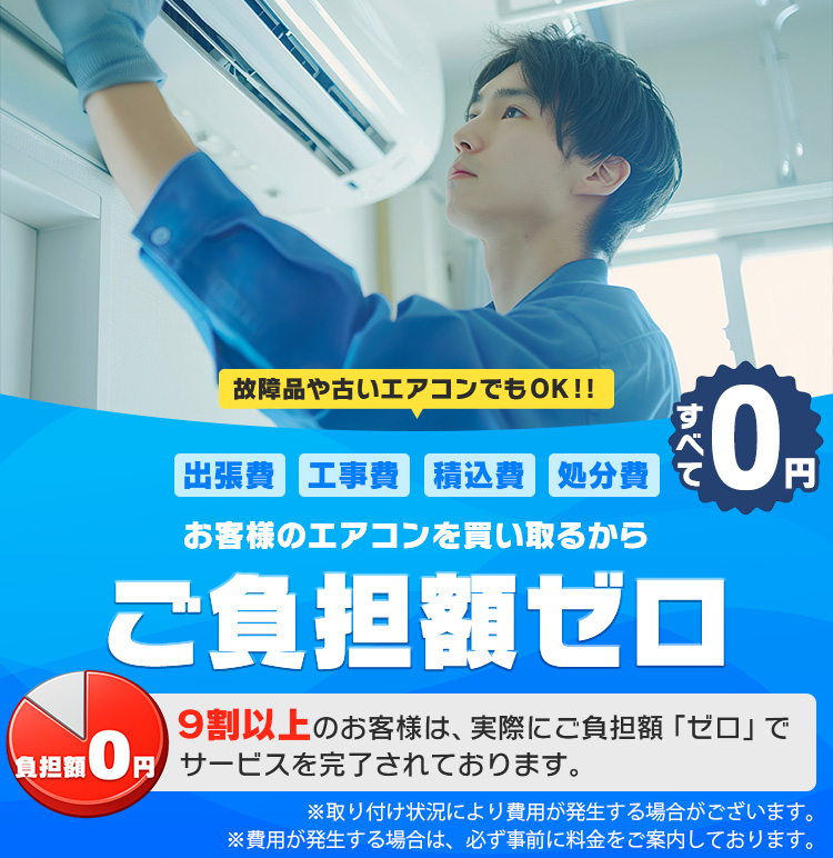出張費、工事費、積込費、処分費すべて0円。お客様のエアコンを買い取るからご負担額ゼロ！